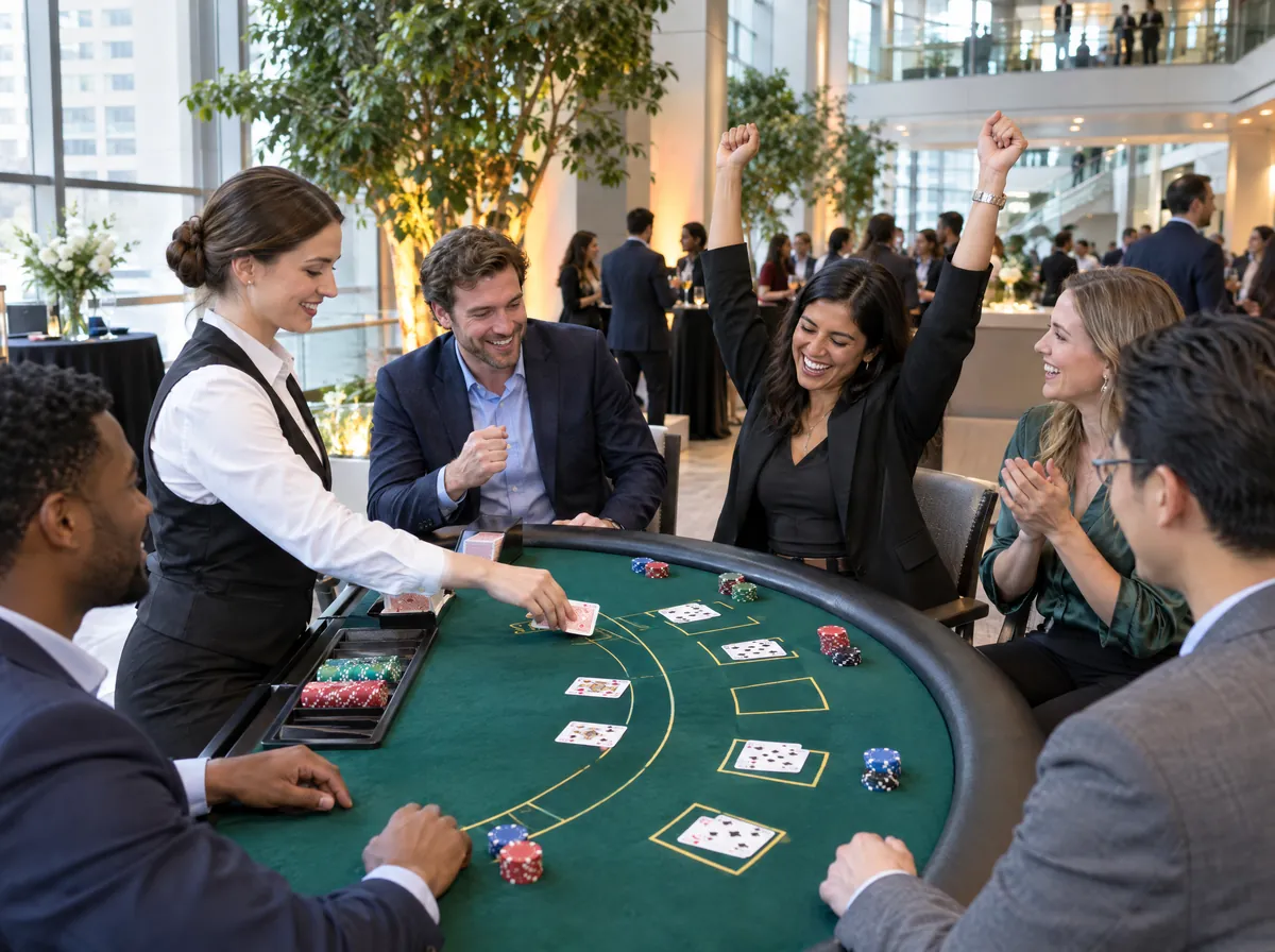 Croupière teilt am Blackjacktisch Karten aus, eine Kollegin jubelt