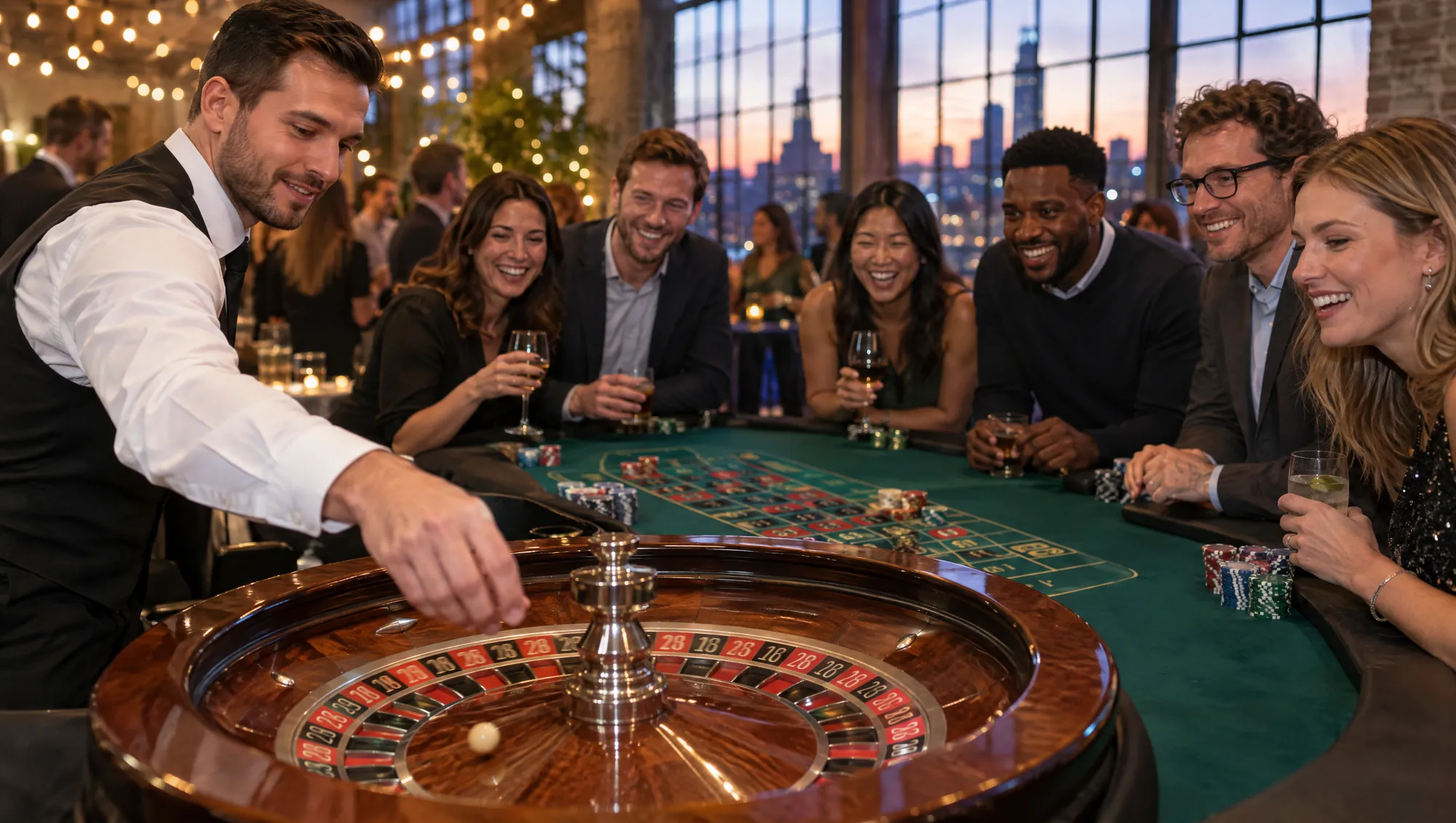 Croupier startet die Kugel am Roulettetisch, Kolleginnen und Kollegen lachen bei einer Firmenfeier im Loft