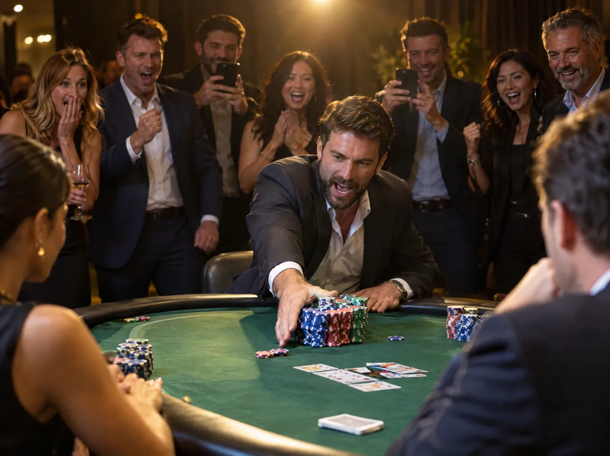 Pokerfinale: Ein Spieler setzt alles, Kollegen jubeln dahinter